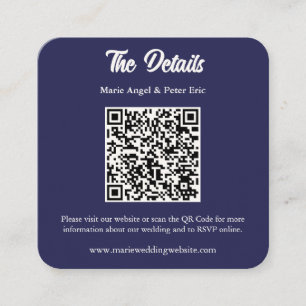 Cartão De Visita Quadrado Detalhes do Casamento com Monograma QR Code em Azu