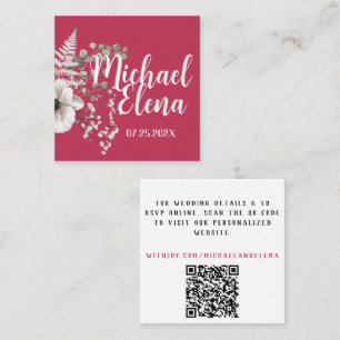Cartão De Visita Quadrado Detalhes do Casamento Floral Magenta e Branco Códi