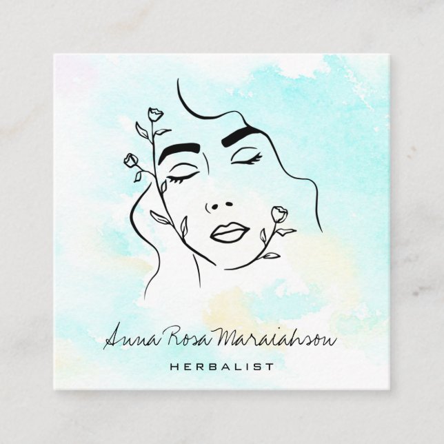 Cartão De Visita Quadrado *~* Deusa de Arte de Linha Botânica QR Greenery  (Frente)