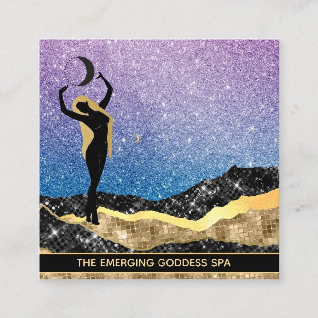 Cartão De Visita Quadrado *~* Deusa Mulher Ombre Lua Denim Blue Glitter (Frente)