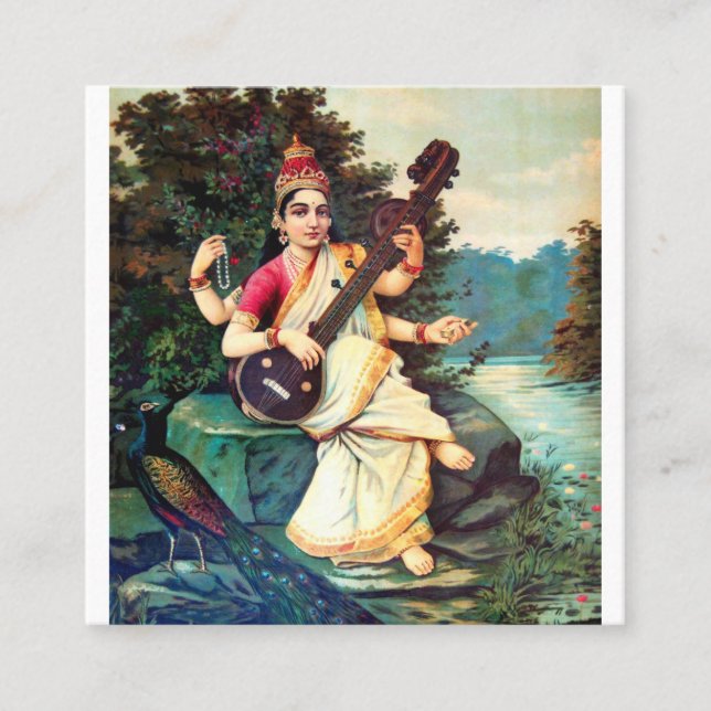 Cartão De Visita Quadrado Deusa Saraswati Por Raja Ravi Varma (Frente)