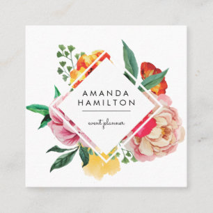 Cartão De Visita Quadrado Diamante Floral de Peony Clássico Moderno