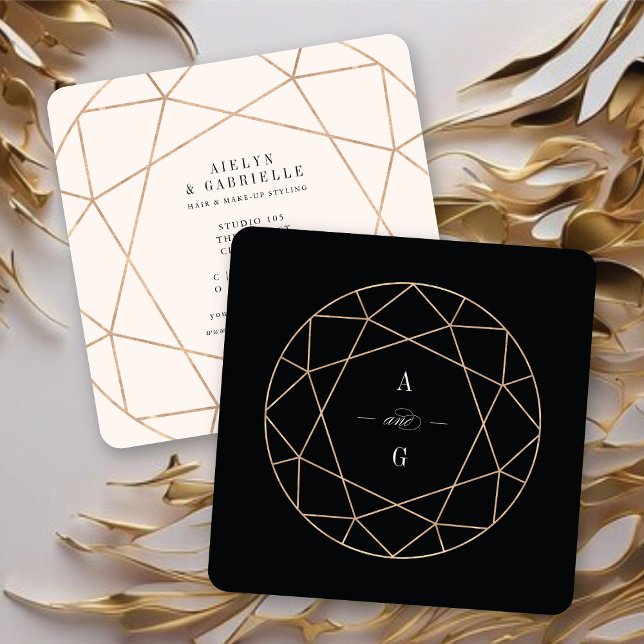 Cartão De Visita Quadrado Diamond Rosa Dourada Gemstone Geométrico Na moda C (Double Monograms Diamond Rose Gold Gemstone Geometric Stylish Chic Square Business Card @ fatfatin)