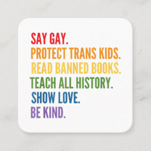 Cartão De Visita Quadrado Diga "Gay Protect Trans Kids" Lendo Livros Banidos