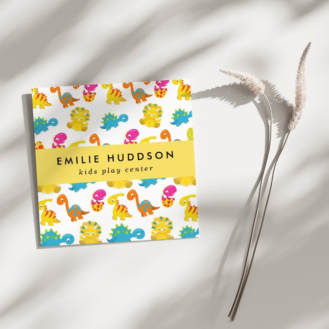 Cartão De Visita Quadrado Dinossauros Bons, Kids Play Center, Centro de Ativ (Criador carregado)