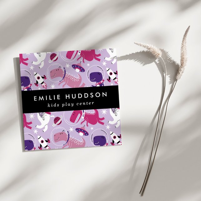 Cartão De Visita Quadrado Dinossauros Espaciais, Kids Play Center, Centro de (Criador carregado)