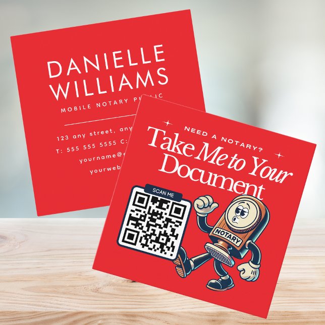 Cartão De Visita Quadrado Diversão de Código QR Público do Notário Vermelho  (Bold red notary public business card with contact information and a QR code on the back)