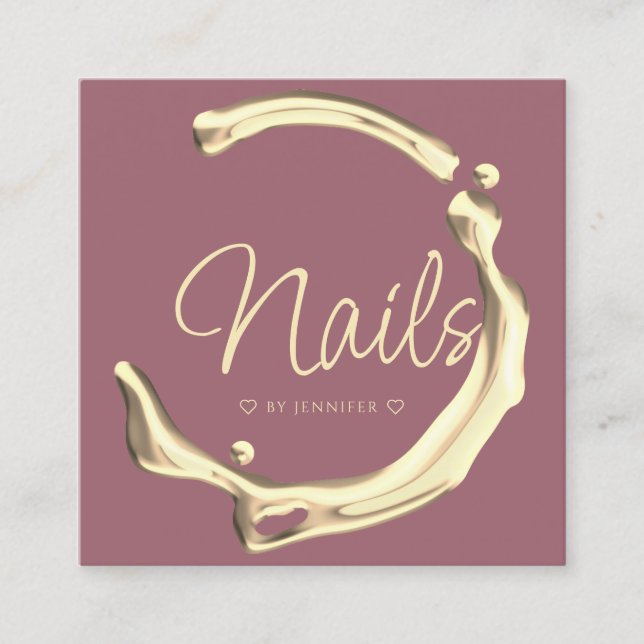 Cartão De Visita Quadrado Dividir Unhas Elegantes Poloneses Modernas Dourada (Frente)