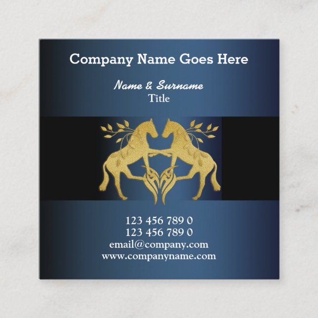 Cartão De Visita Quadrado Do ouro gráfico do falso dos cavalos cavalo azul (Frente)