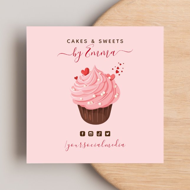 Cartão De Visita Quadrado Doce Cupcake rosa moderno Baker Social Media (Criador carregado)