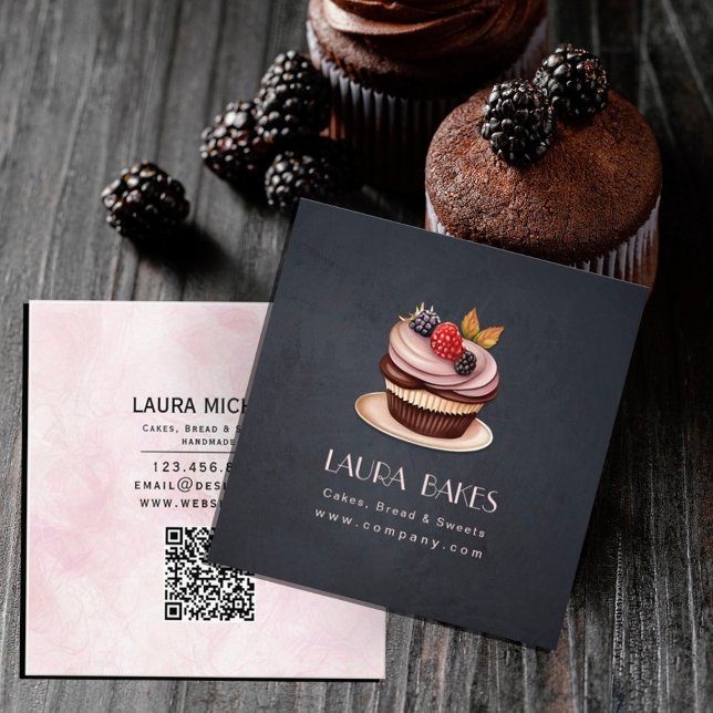 Cartão De Visita Quadrado Doce Cupcakes de Fruta Patisserie (Business card features delicious cupcakes #cakebakercupcake #bakery #zazzlemade)