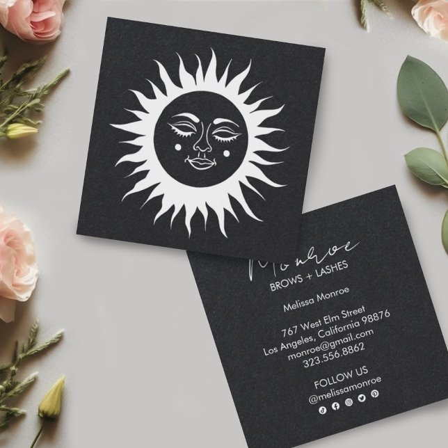 Cartão De Visita Quadrado Doce Sunshine Boho Line Cinza Mídia Social (White line art sun on a luxurious deep gray/black paper. Add your own details to make it shine!)