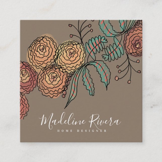Cartão De Visita Quadrado Doodle Florals Wreath Sprigs Greenery Designer (Frente)