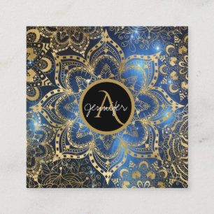 Cartão De Visita Quadrado Dourada aquarela e mandala azul nebulosa