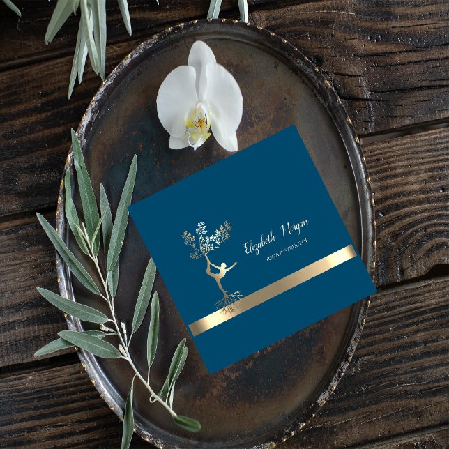 Cartão De Visita Quadrado Dourada Elegante, Árvores Silhuette Yoga (Criador carregado)