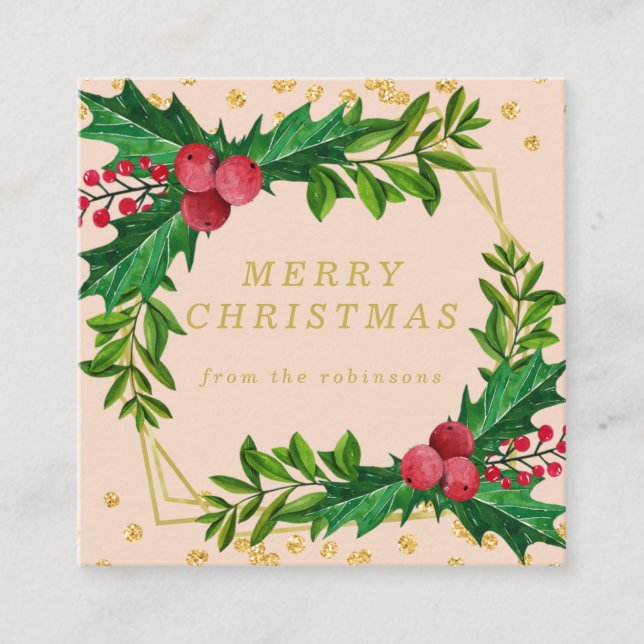 Cartão De Visita Quadrado Dourada família Blush Feliz Natal Holly Glitter (Frente)