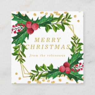 Cartão De Visita Quadrado Dourada Família Vermelha Feliz Natal Holly Glitte