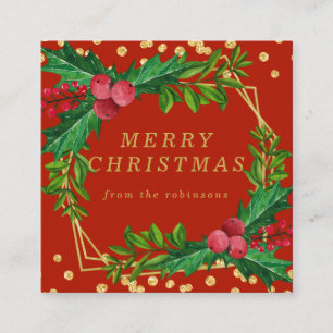 Cartão De Visita Quadrado Dourada Família Vermelha Feliz Natal Holly Glitte