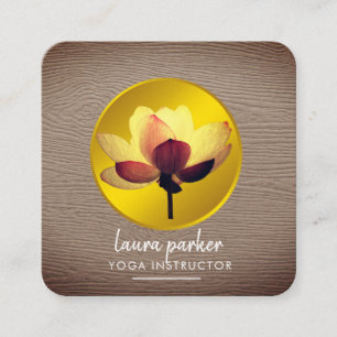 Cartão De Visita Quadrado Dourada Lotus Flower Yoga Instrutor Rústica Madeir