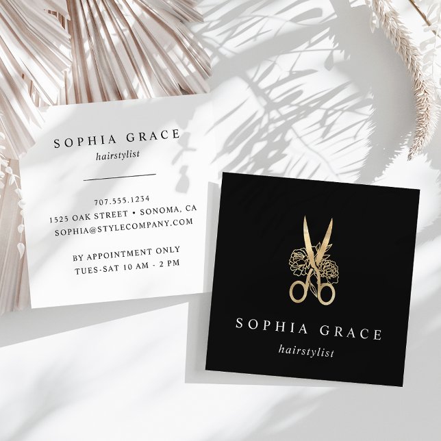 Cartão De Visita Quadrado Dourada Tesoura Logo Hairstylist (Criador carregado)