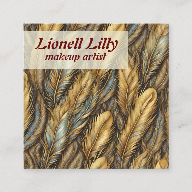 Cartão De Visita Quadrado Douradas penas prateadas (Frente)