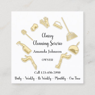 Cartão De Visita Quadrado Dourado Branco do logotipo da casa de limpeza clá