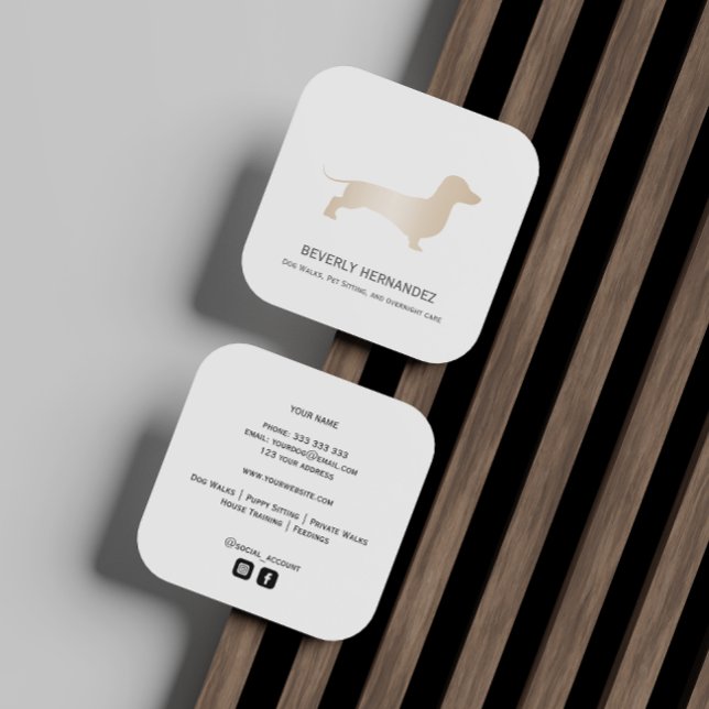 Cartão De Visita Quadrado Dourado cão Dachshund Walker Treinador Puppy senta (Criador carregado)