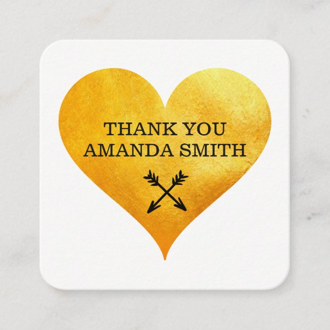 Cartão De Visita Quadrado Dourado Coração e Seta / Obrigado (Frente)