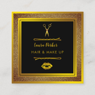 Cartão De Visita Quadrado Dourado Faux Hair Makeup Salon Stylist Glitter