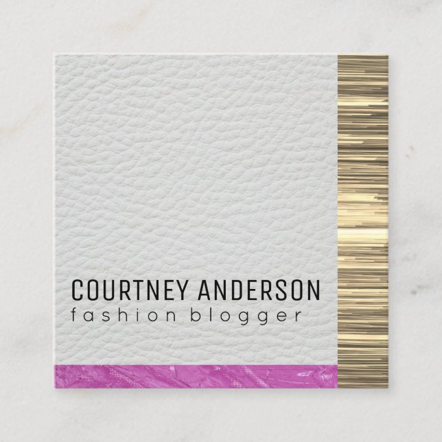 Cartão De Visita Quadrado Dourado metálico e couro com tiras (Frente)