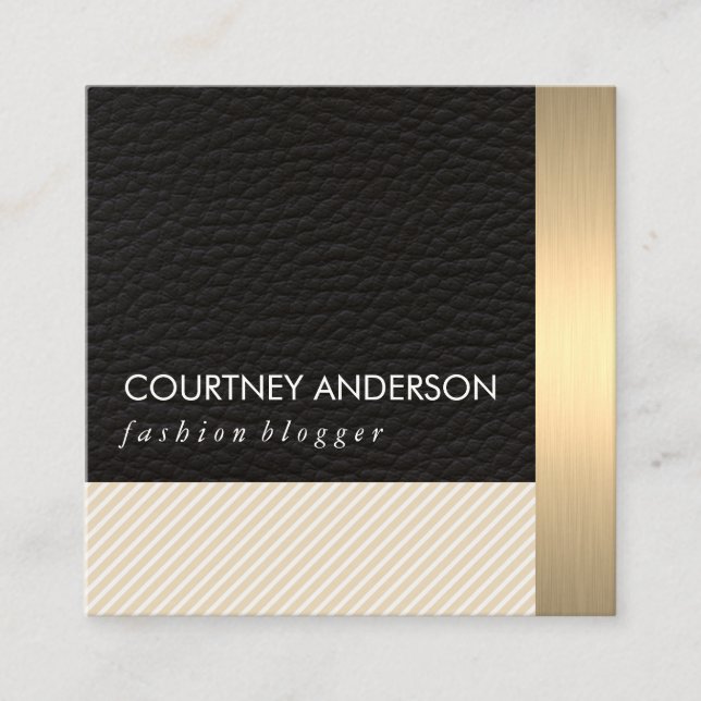 Cartão De Visita Quadrado Dourado metálico e couro com tiras (Frente)