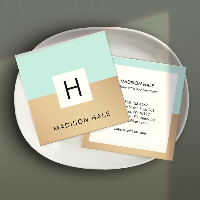 Cartão De Visita Quadrado Dourado Monograma de Bela Bela Turquesa Moderna (Criador carregado)