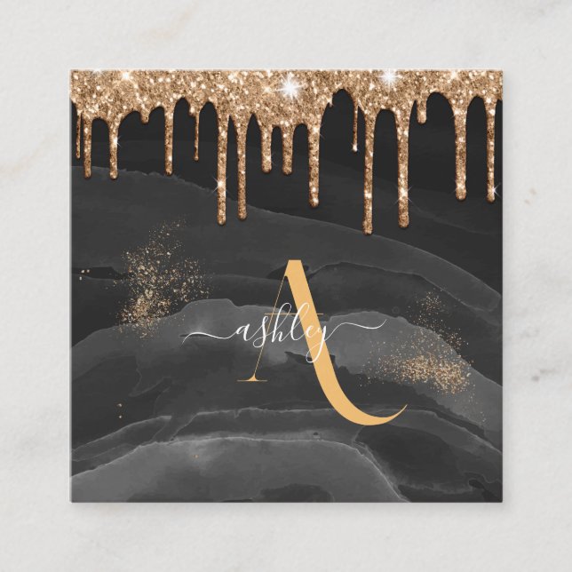 Cartão De Visita Quadrado Dourado Pingando Brilho Monograma Personalizado Me (Frente)