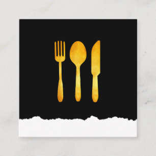 Cartão De Visita Quadrado Dourados Utensílios de Comida de Luxo com aspecto