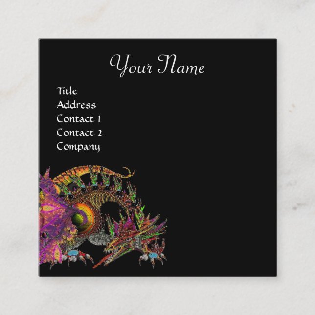 Cartão De Visita Quadrado DRAGO / Dragão Fantasia Monograma Roxo Preto (Frente)