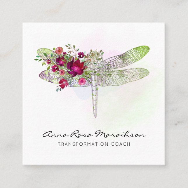 Cartão De Visita Quadrado *~* Dragonfly Rosa vermelha Floral (Frente)