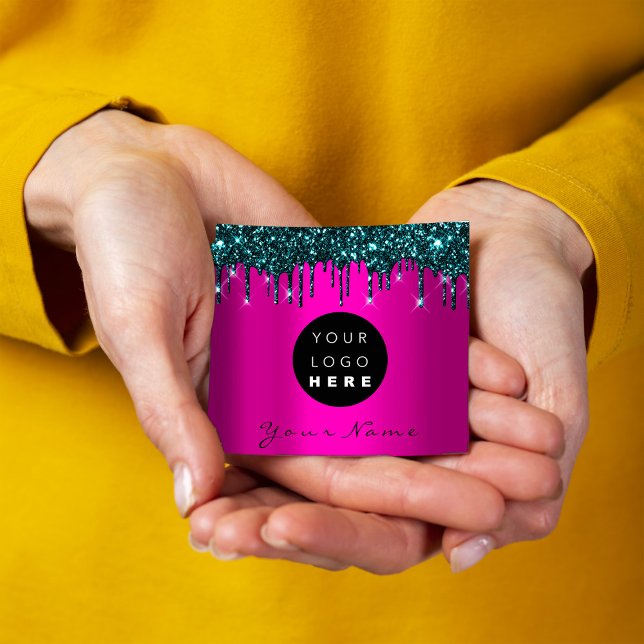 Cartão De Visita Quadrado Drives de Marinho rosa com borda de maquilhagem de (Logo Makeup Boutique Glitter Pink Navy Drips Square Business Card)