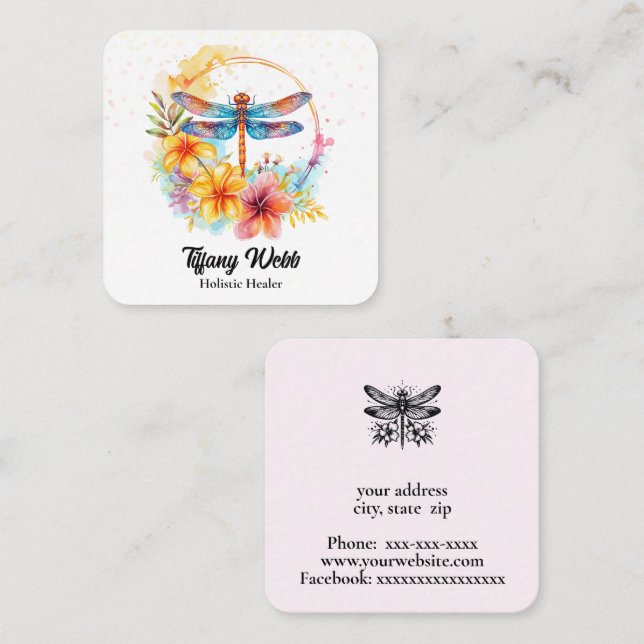 Cartão De Visita Quadrado Drônsoba aquosa e flores (Frente/Verso)