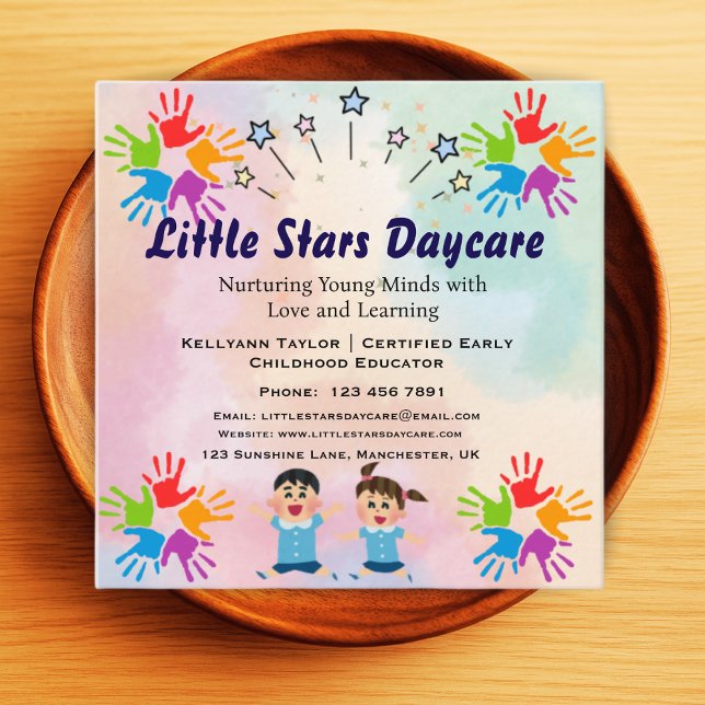Cartão De Visita Quadrado Editable Rainbow Handprint Nursery Card Design  (Criador carregado)
