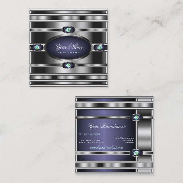 Cartão De Visita Quadrado Efeito Prateado Luxusto Azul Escuro Rinestonas Cin (Frente/Verso)