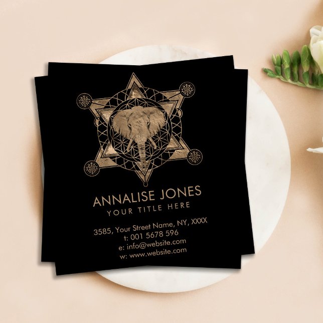 Cartão De Visita Quadrado Elefante na composição geométrica sagrada (Criador carregado)