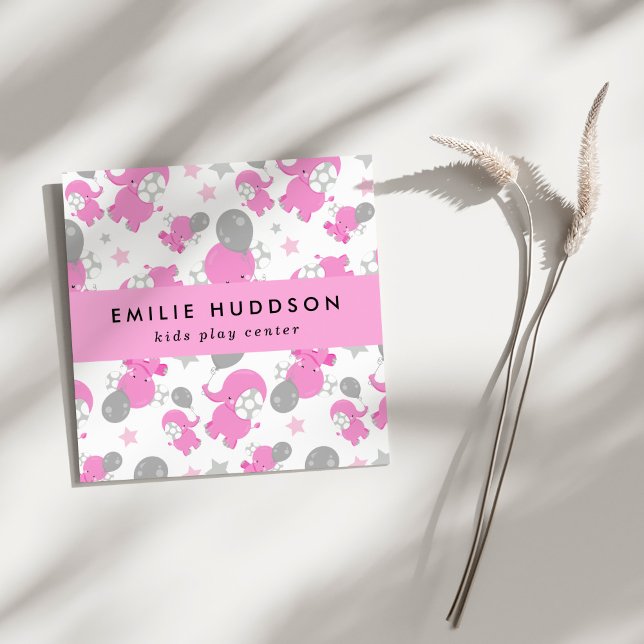 Cartão De Visita Quadrado Elefantes Rosa, Kids Play Center, Centro de Ativid (Criador carregado)