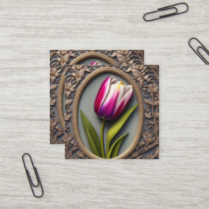 Cartão De Visita Quadrado Elegância Fluente: Tulipa Rosa no Design Art Nouve