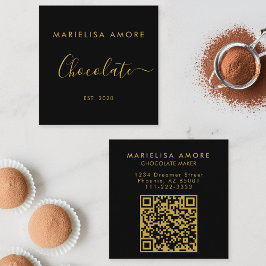 Cartão De Visita Quadrado Elegant Black Gold Script Chocolate Qr Code