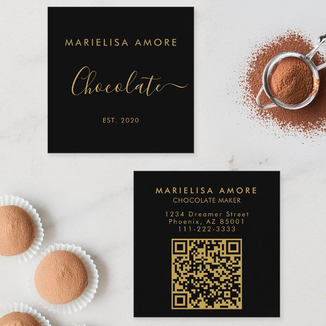 Cartão De Visita Quadrado Elegant Black Gold Script Chocolate Qr Code (Criador carregado)