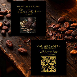Cartão De Visita Quadrado Elegant Black Gold Script Chocolatier Photo QrCode