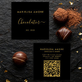 Cartão De Visita Quadrado Elegant Black Gold Script Chocolatier Qr Code