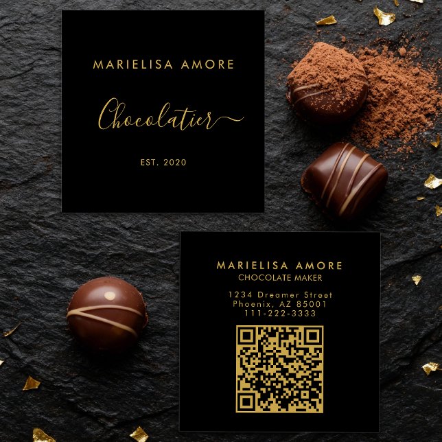 Cartão De Visita Quadrado Elegant Black Gold Script Chocolatier Qr Code (Criador carregado)