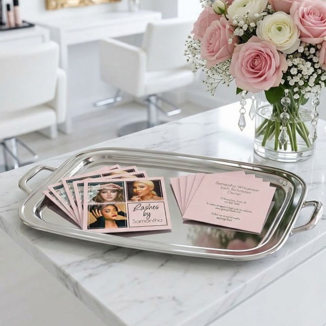 Cartão De Visita Quadrado Elegant Blush Pink Black Script 3 Photo Lashes (Criador carregado)