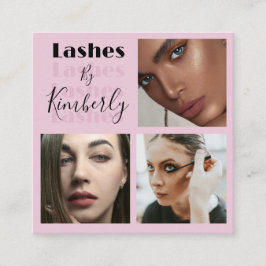 Cartão De Visita Quadrado Elegant Blush Pink Black Script 3 Photo Lashes
